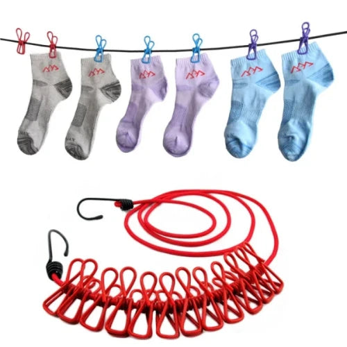 12 Clips Cloth Line Rope Hang Portable Clothesline- Elastic, Windproof Eco-friendly For Travel Home Use