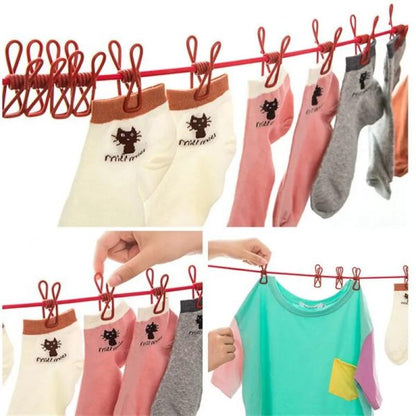 12 Clips Cloth Line Rope Hang Portable Clothesline- Elastic, Windproof Eco-friendly For Travel Home Use