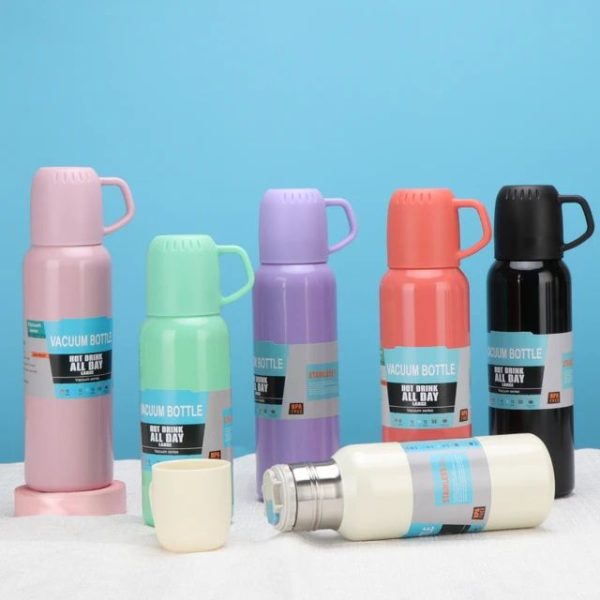 New Shape Vacuum Flask Stainless Steel Bottle With 2 Cups And Gift Box 550 Ml